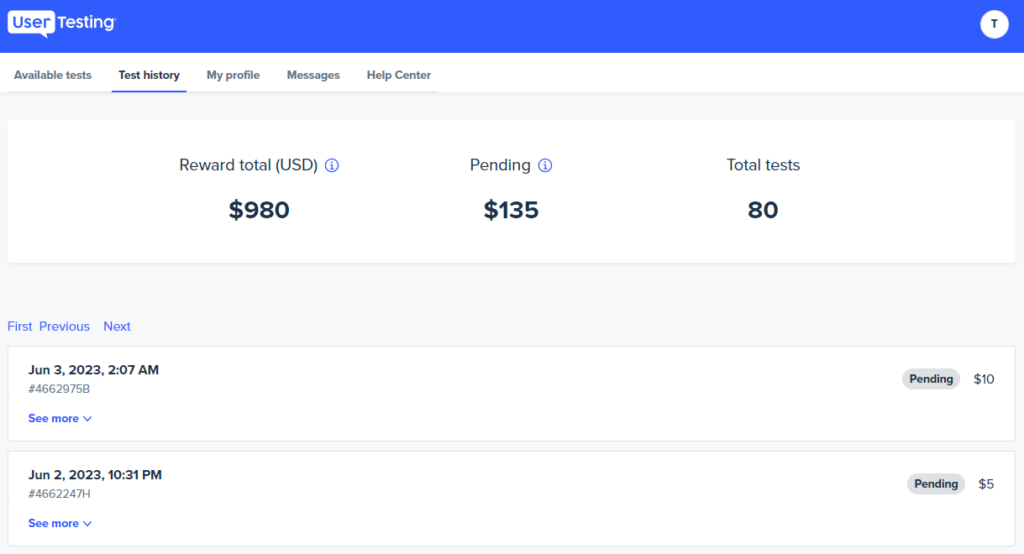 Comment Gagner de l'argent - UserTesting - Historique des tests